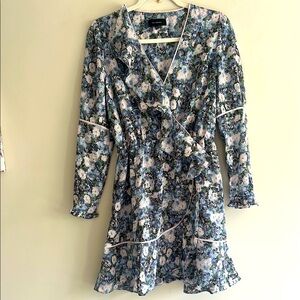 Anthropologie En Saison Blue Floral Long Sleeve V-Neck Mini Dress Small
